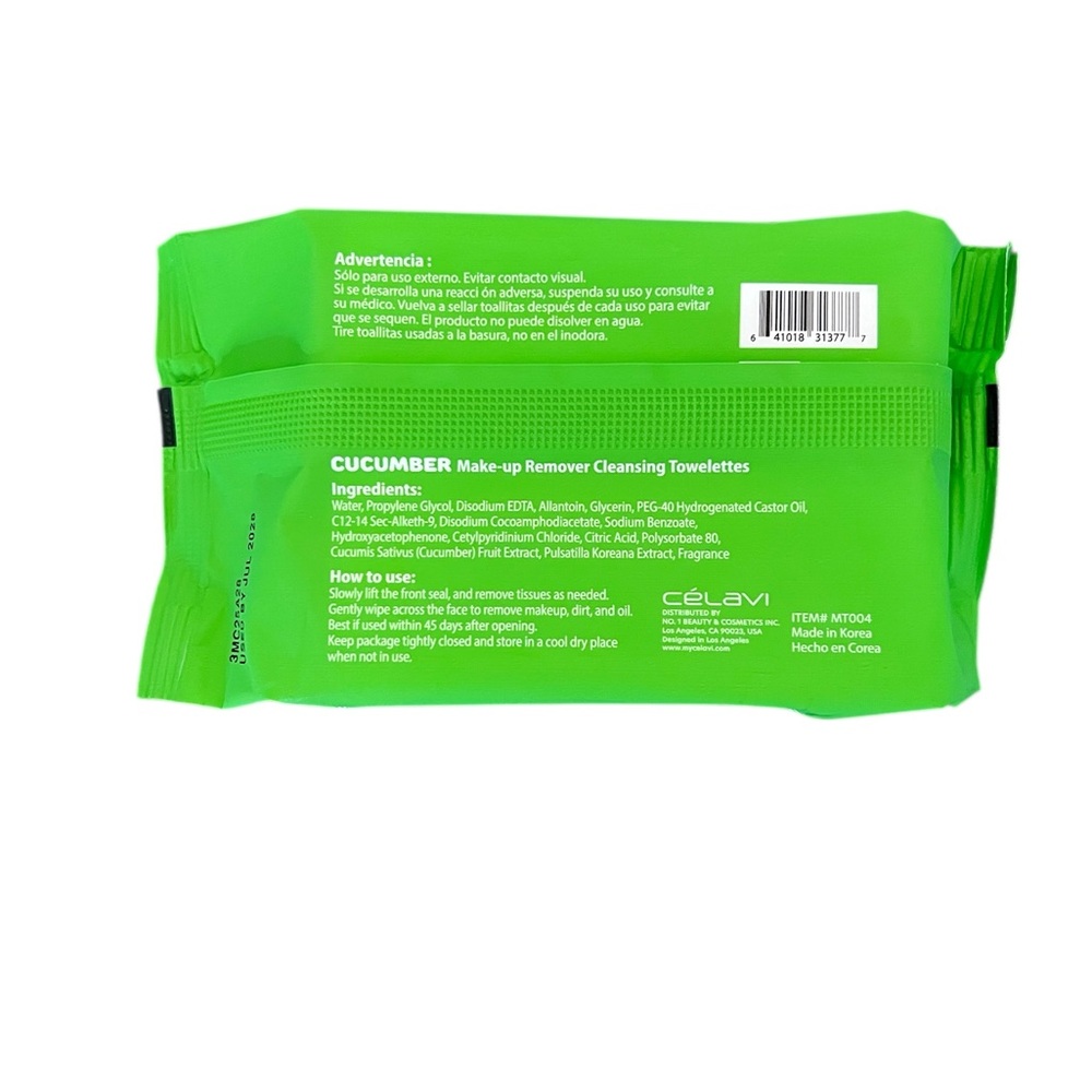 Celavi Cucumber Korean Makeup Remover Cleansing Wipes Removing 30 Towelettes - Picture 3 of 4